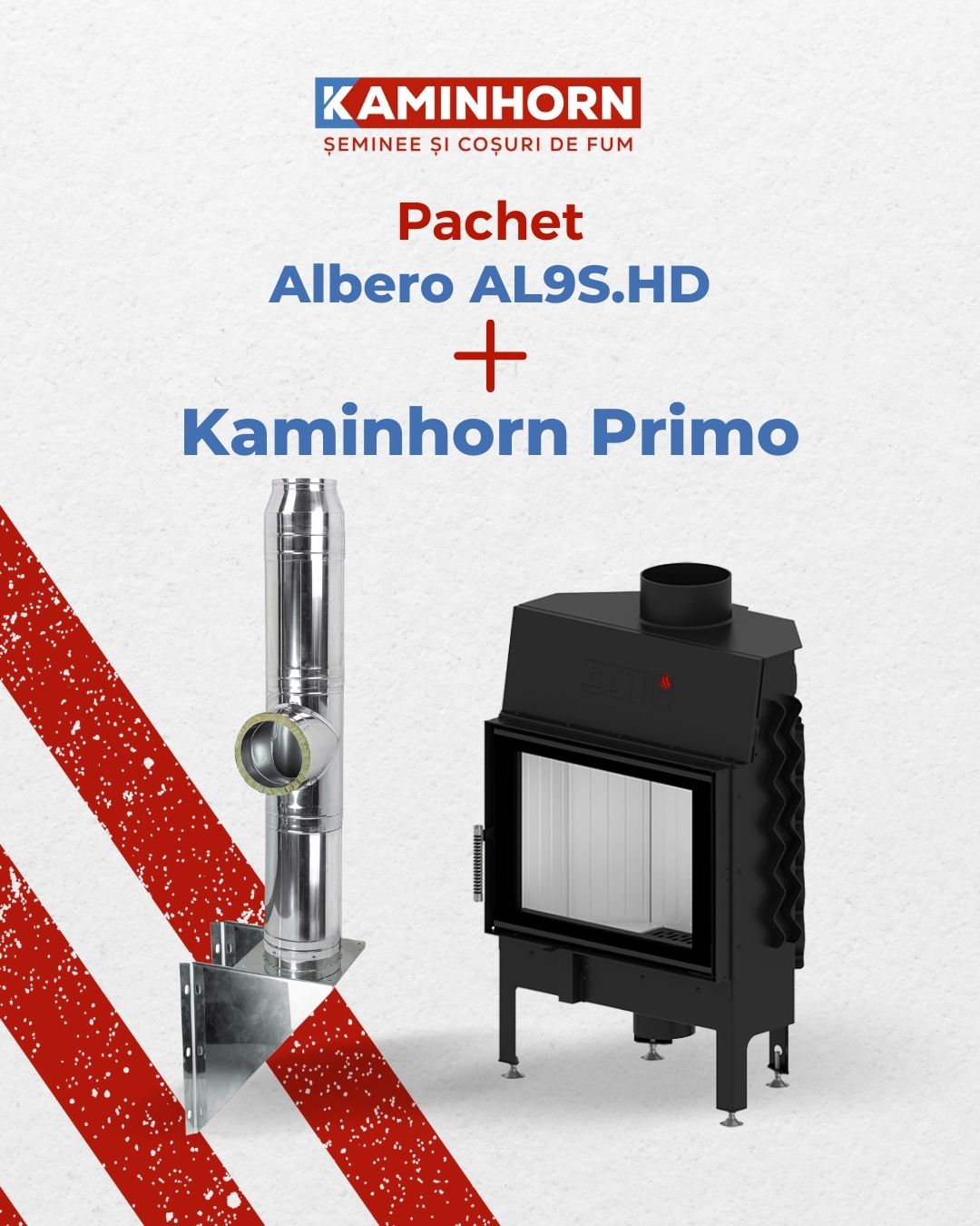 Pachet focar de șemineu Albero 9kW AL9S.HD + Coș de fum profesional ? Kaminhorn Primo 90G/consolă