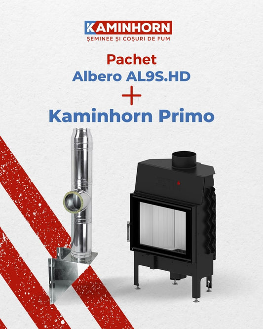 Pachet focar de șemineu Albero 9kW AL9S.HD + Coș de fum profesional ? Kaminhorn Primo 90G/consolă