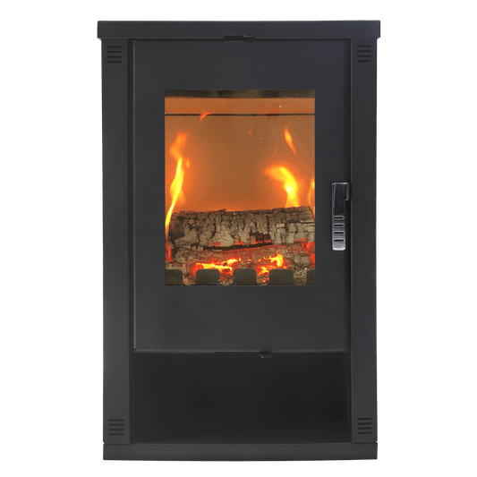 Șemineu pe lemne LHEIA, 7 kW, sobă din oțel cu geam termorezistent și design elegant, negru