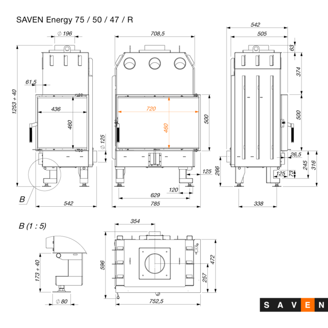 Șemineu SAVEN Energy 75х50х47 R ECO 15,1 kW Sticlă laterală dreapta