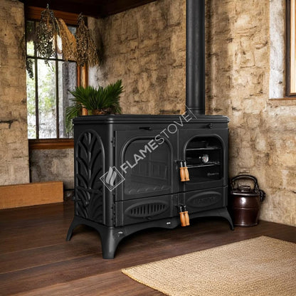 Soba Orizontală Palm Side Kuzineli FS-066 din Fontă cu Geam, 3 Etaje Cuptor, Combustie Dublă Eficientă Lemn și Cărbune, Geam Schott Robax, 15 kW + Tavă Emailată Cadou