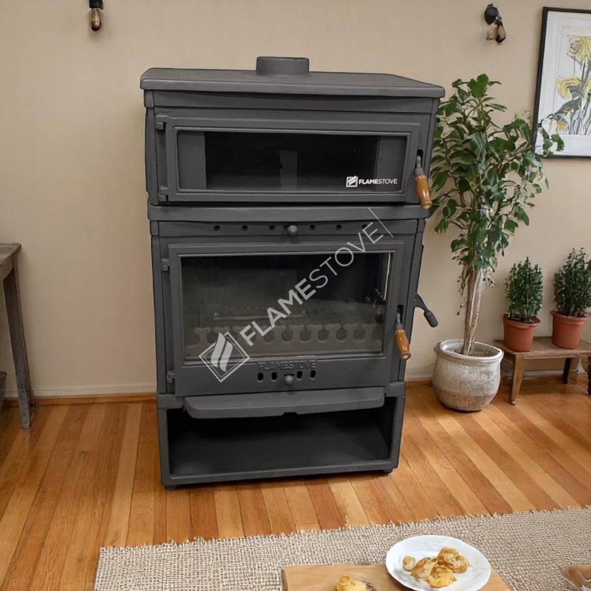 FS-045ST Soba din Fontă Eficientă, Stil Retro, cu Cuptor și Sistem Dublu de Ardere