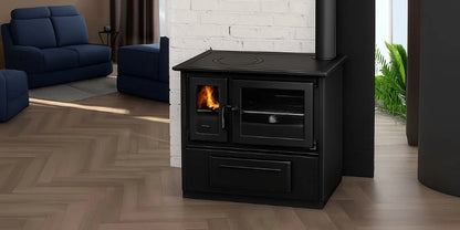 Versatile Wood Burning Cooking Stove with Oven, Hob, and Central Heating Function