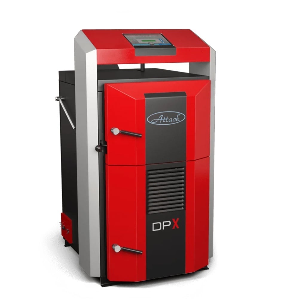 Cazan pe lemne cu gazeificare ATTACK DPX, 35 kW, volum manta apa 110 litri, grosime camera ardere 6 mm, randament 91%, lungime maxima bustean 65 cm, cos evacuare Ø150 mm