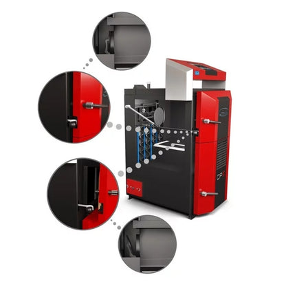 Cazan pe lemne cu gazeificare ATTACK DPX, 35 kW, volum manta apa 110 litri, grosime camera ardere 6 mm, randament 91%, lungime maxima bustean 65 cm, cos evacuare Ø150 mm