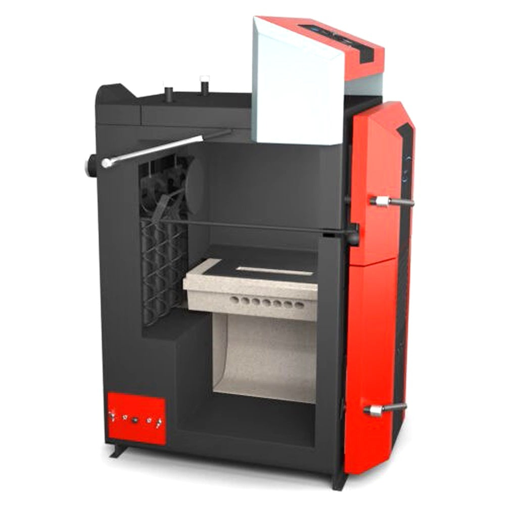 Cazan pe lemne cu gazeificare ATTACK DPX, 35 kW, volum manta apa 110 litri, grosime camera ardere 6 mm, randament 91%, lungime maxima bustean 65 cm, cos evacuare Ø150 mm