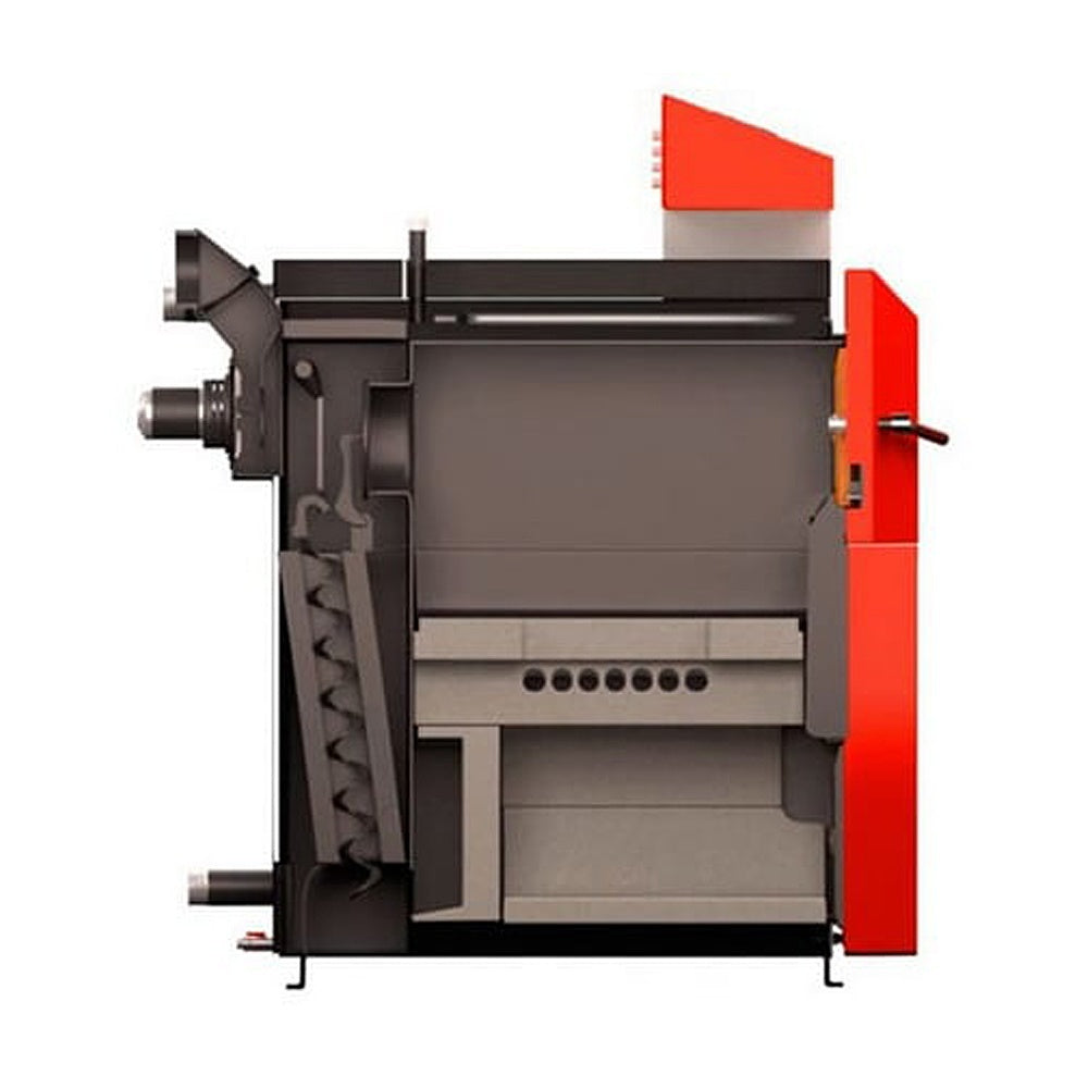 Cazan pe lemne cu gazeificare ATTACK DPX, 35 kW, volum manta apa 110 litri, grosime camera ardere 6 mm, randament 91%, lungime maxima bustean 65 cm, cos evacuare Ø150 mm