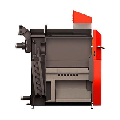 Cazan pe lemne cu gazeificare ATTACK DPX, 35 kW, volum manta apa 110 litri, grosime camera ardere 6 mm, randament 91%, lungime maxima bustean 65 cm, cos evacuare Ø150 mm