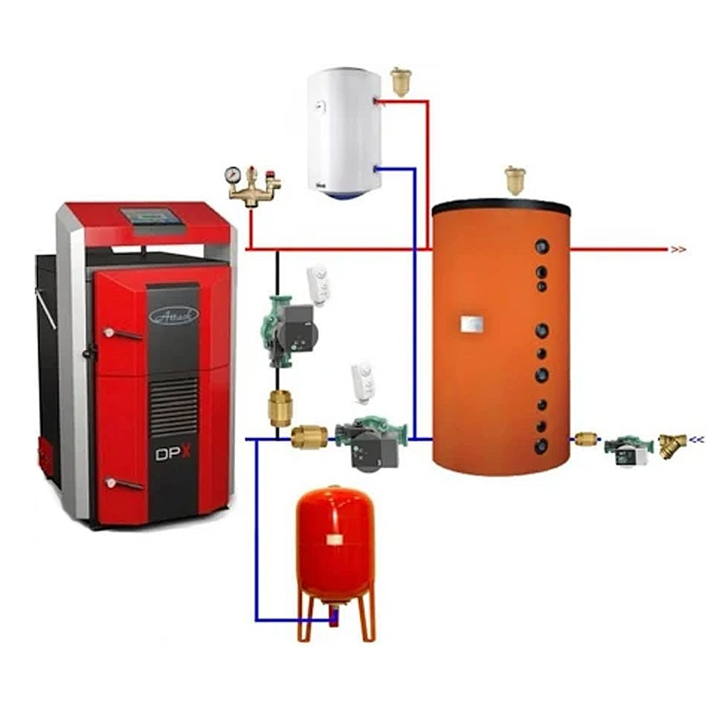 Cazan pe lemne cu gazeificare ATTACK DPX, 35 kW, volum manta apa 110 litri, grosime camera ardere 6 mm, randament 91%, lungime maxima bustean 65 cm, cos evacuare Ø150 mm