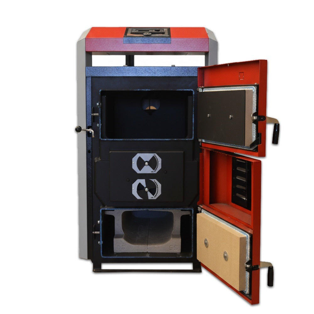 Cazan pe lemne cu gazeificare ATTACK DPX, 35 kW, volum manta apa 110 litri, grosime camera ardere 6 mm, randament 91%, lungime maxima bustean 65 cm, cos evacuare Ø150 mm
