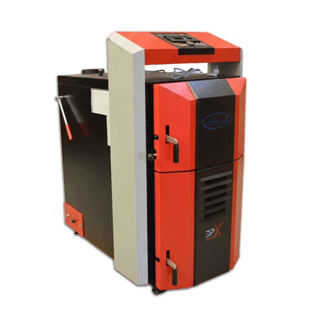 Cazan pe lemne cu gazeificare ATTACK DPX, 35 kW, volum manta apa 110 litri, grosime camera ardere 6 mm, randament 91%, lungime maxima bustean 65 cm, cos evacuare Ø150 mm