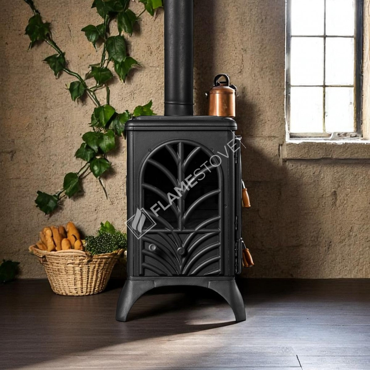 Soba Orizontală Palm Side Kuzineli FS-066 din Fontă cu Geam, 3 Etaje Cuptor, Combustie Dublă Eficientă Lemn și Cărbune, Geam Schott Robax, 15 kW + Tavă Emailată Cadou