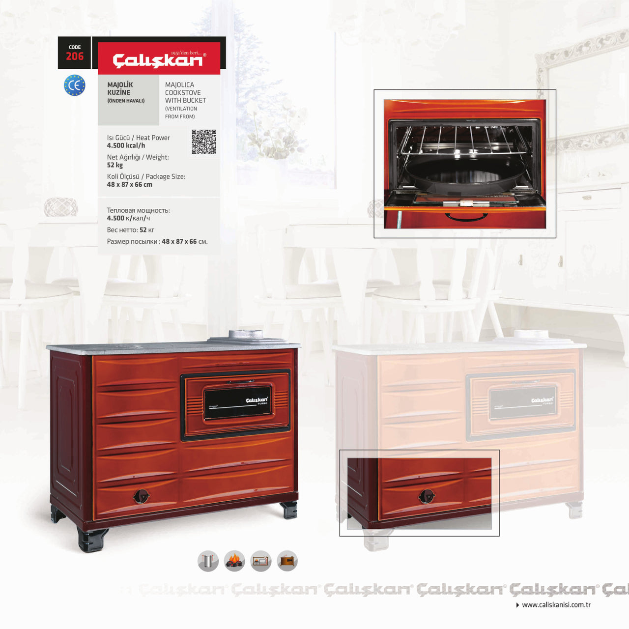 206 Majolica Cookstove - Putere 4.5 kW, Sistem cuptor dublu, Espansivitate termică 45 m²
