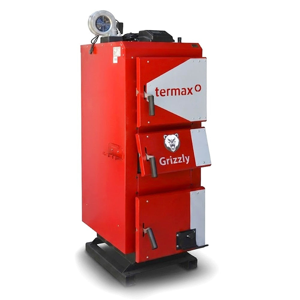 Centrală/Cazan pe lemn/cărbune Termax Grizzly 27 kW cu ventilator și automatizare, 180 m², Ø coș fum 180 mm, volum manta apă 105 litri, grosime focar 6 mm, randament 86%, 1695 x 1050 x 560 mm
