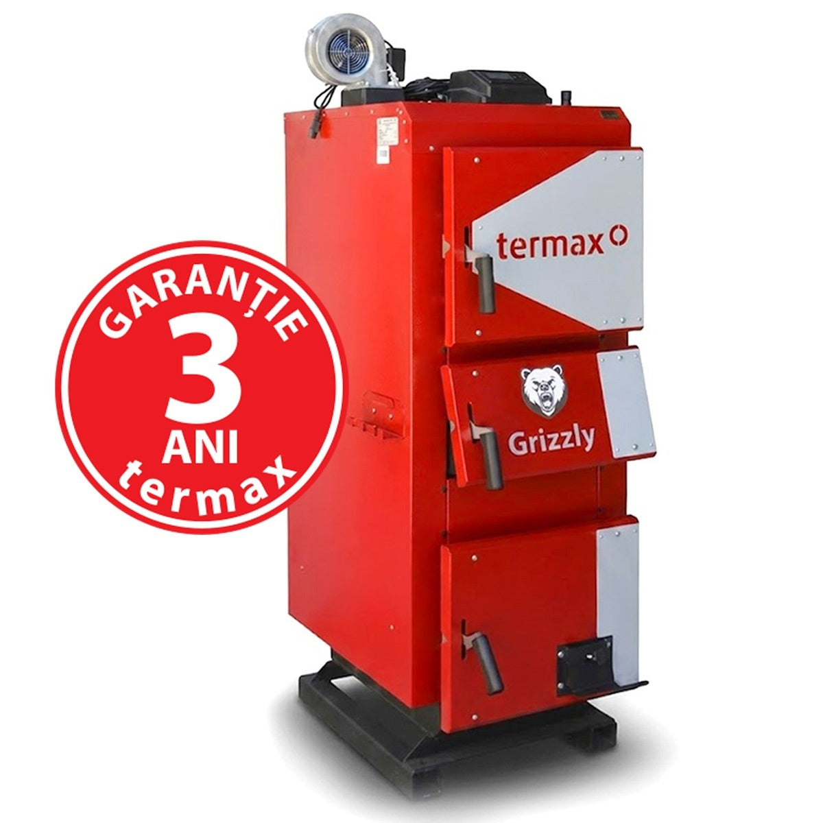 Centrală/Cazan pe lemn/cărbune Termax Grizzly 27 kW cu ventilator și automatizare, 180 m², Ø coș fum 180 mm, volum manta apă 105 litri, grosime focar 6 mm, randament 86%, 1695 x 1050 x 560 mm