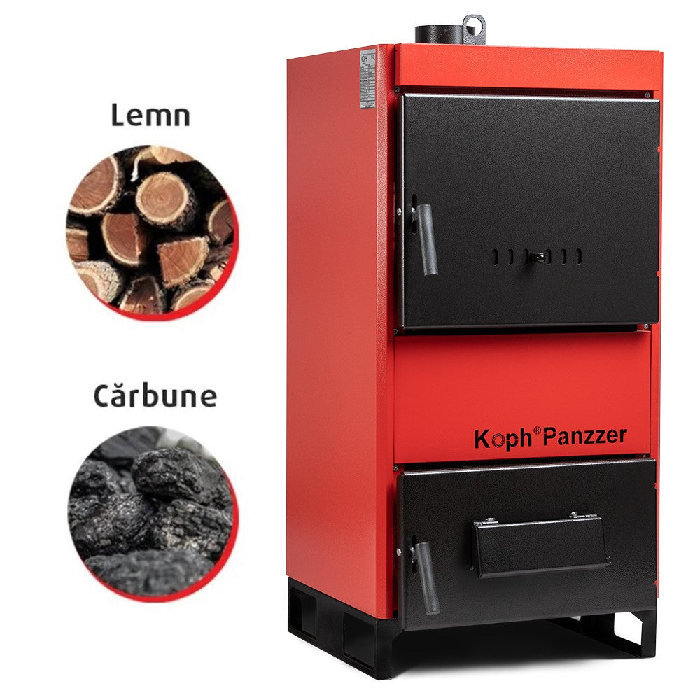 Centrală/Cazan pe lemn/cărbuni KOPH Panzzer 52 kW/60 kW cu regulator de tiraj inclus, Ø 160 mm, volum manta apă 100 litri