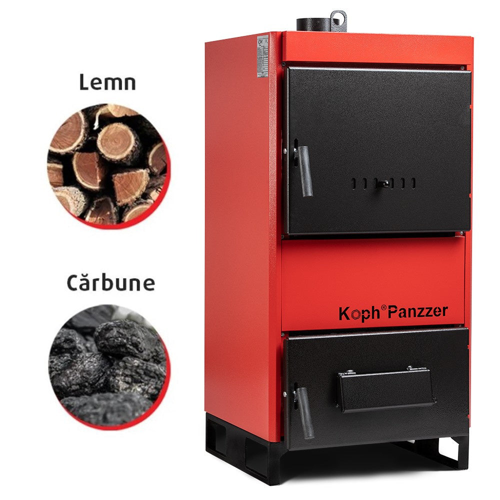 Centrală/Cazan pe lemn/cărbuni KOPH Panzzer 52 kW/60 kW cu regulator de tiraj inclus, Ø 160 mm, volum manta apă 100 litri
