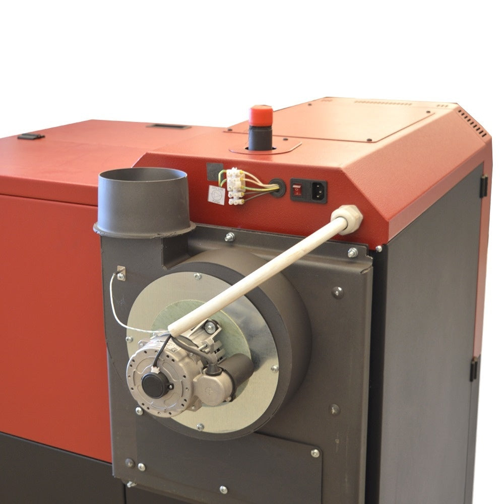 Centrală mixtă lemn/pelet Termax Tera 28 kW, 185 mp, buncăr peleți 95 kg, volum manta apă 75 litri, diametru coș Ø120 mm
