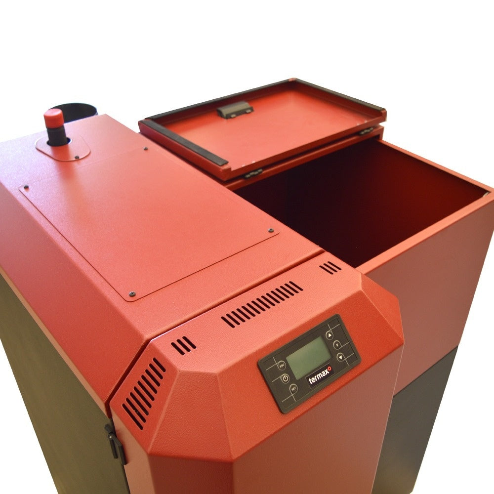 Centrală mixtă lemn/pelet Termax Tera 28 kW, 185 mp, buncăr peleți 95 kg, volum manta apă 75 litri, diametru coș Ø120 mm