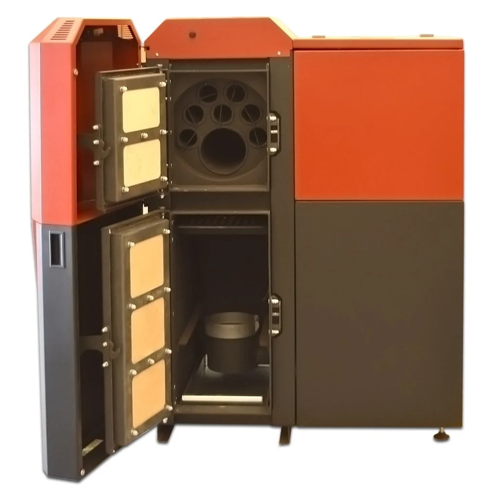 Centrală mixtă lemn/pelet Termax Tera 40 kW, 265 mp, buncăr peleți 120 kg, volum manta apă 100 litri, diametru coș Ø120 mm