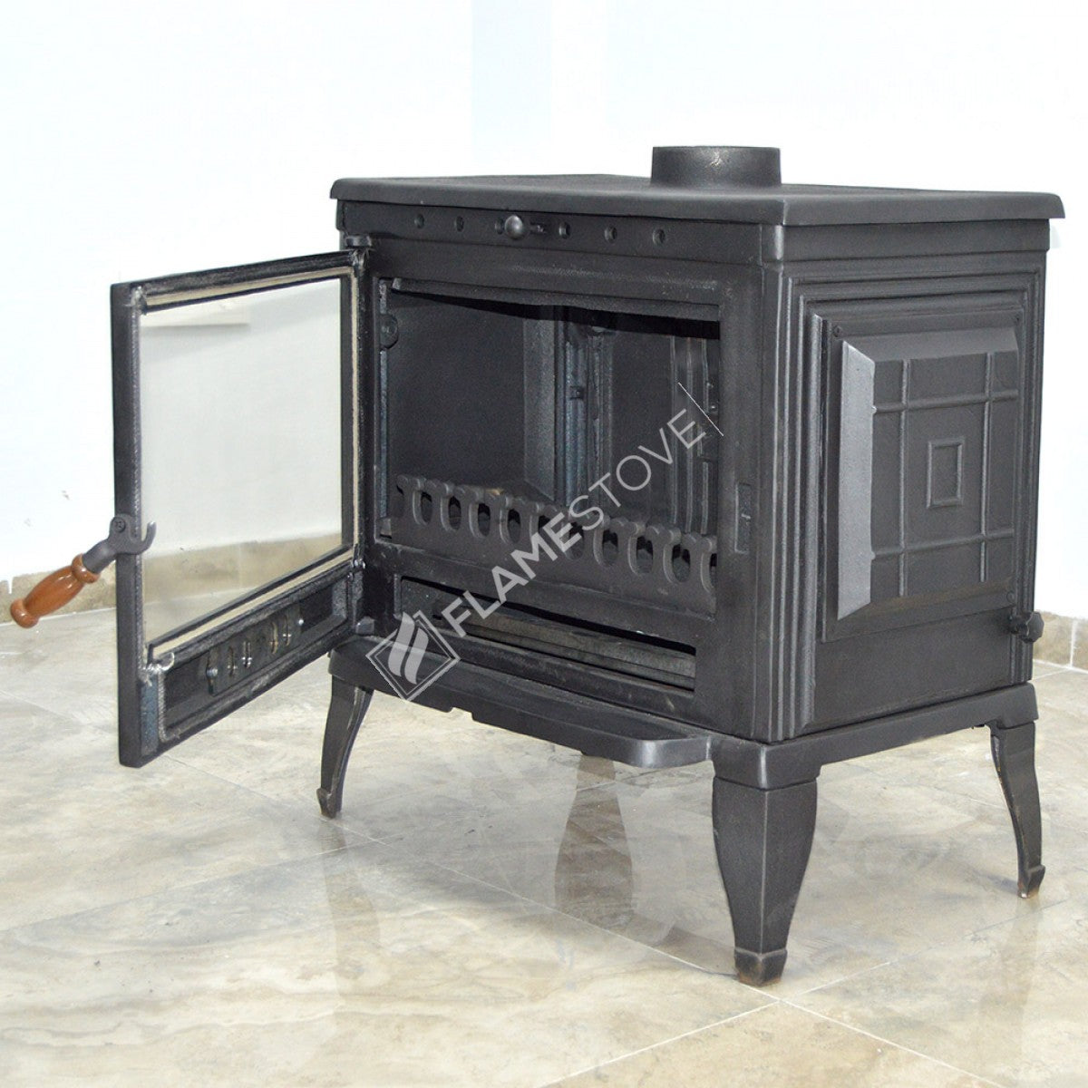 Sobă clasică FS-041 Retro din fontă, cu eficiență ridicată pentru lemne și cărbuni, sticlă Schott Robax, sistem de aer balansat posterior, 10 kW