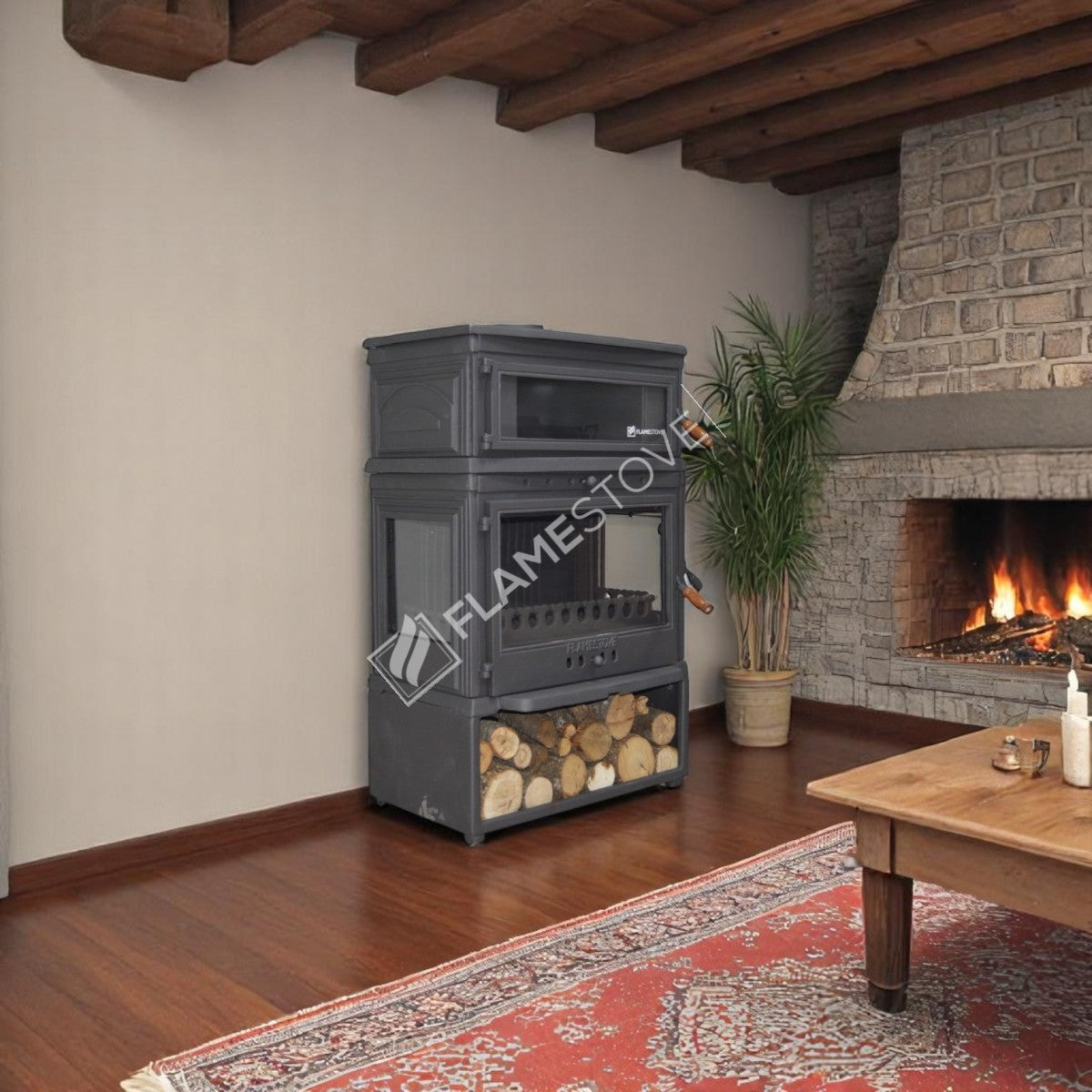 FS-045ST Soba din Fontă Eficientă, Stil Retro, cu Cuptor și Sistem Dublu de Ardere