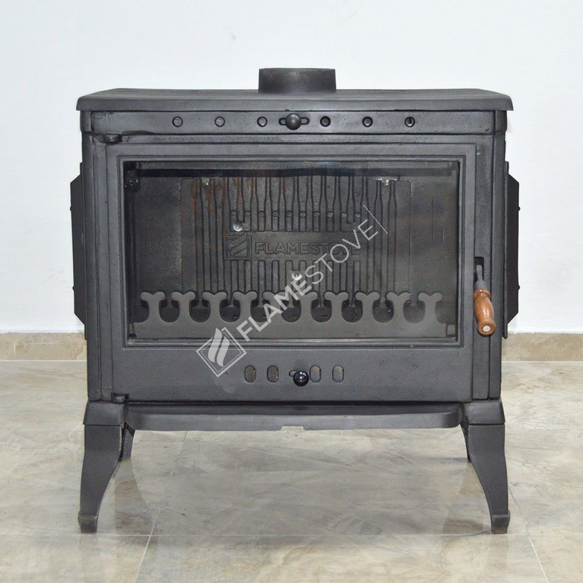 Sobă clasică FS-041 Retro din fontă, cu eficiență ridicată pentru lemne și cărbuni, sticlă Schott Robax, sistem de aer balansat posterior, 10 kW