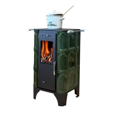 Soba pe lemne Domofire Piccolino, 6 kW, cu plita de gatit, verde, teracota