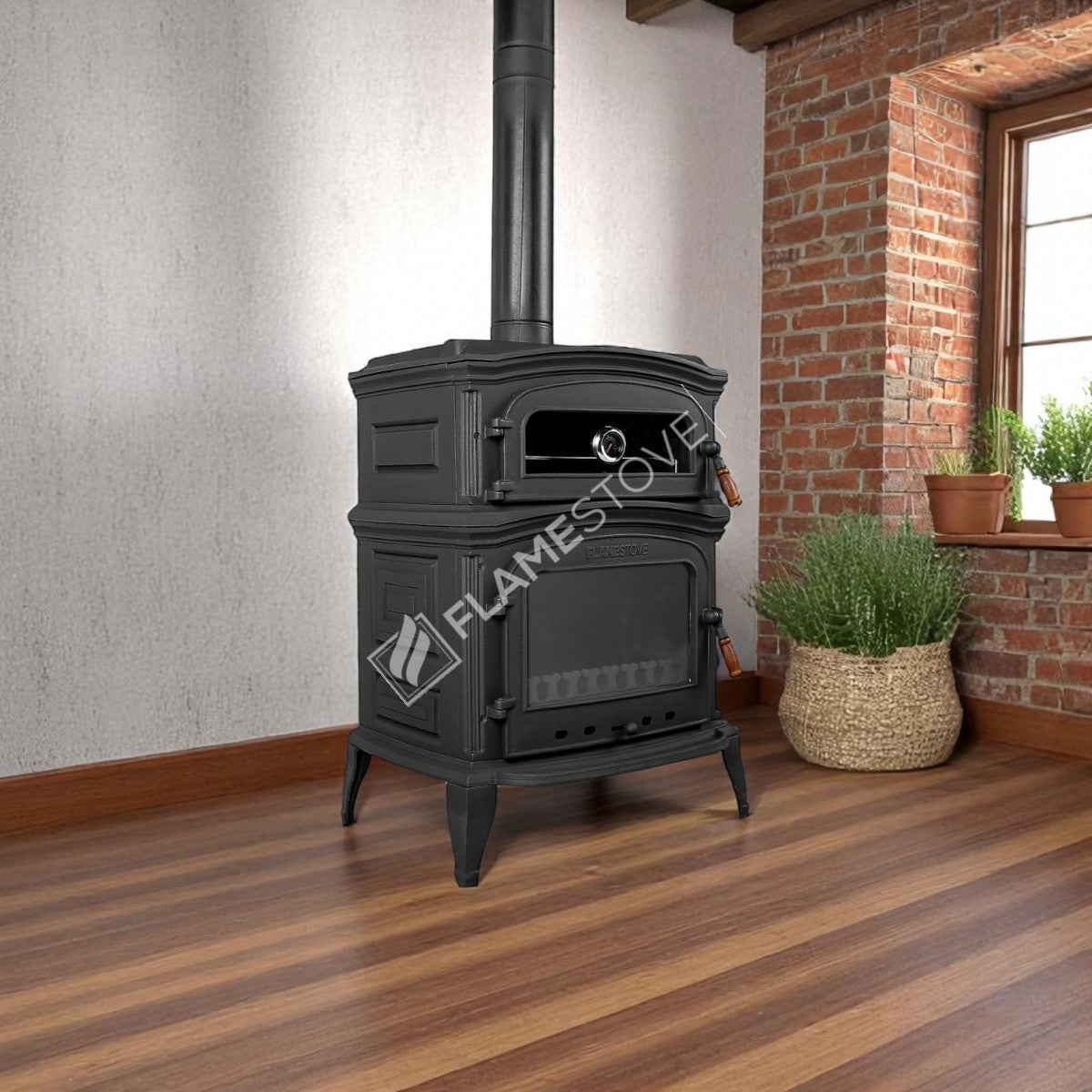 Soba Premium din Fontă FS-33YK cu Altar Lateral și Cuptor | Aragaz Eficiență Înaltă Lemn și Cărbune, Ardere Dublă, Clasa Energetică A