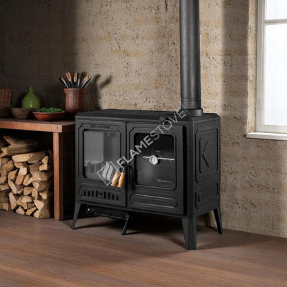 Sobă de Teren Design Orizontal FS-062 Troy cu Sticlă Laterală din Fontă - Eficiență Energetică Clasa A