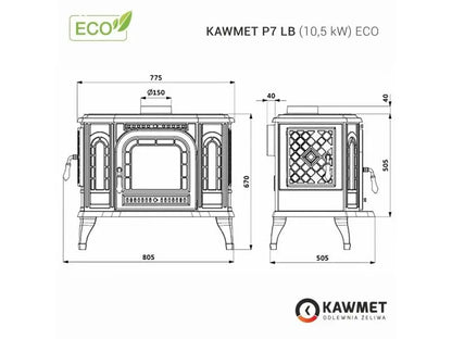 Soba pe lemne KAWMET P7, cu plita pentru gatit, 10.5 kW, LB ECO – Stanga