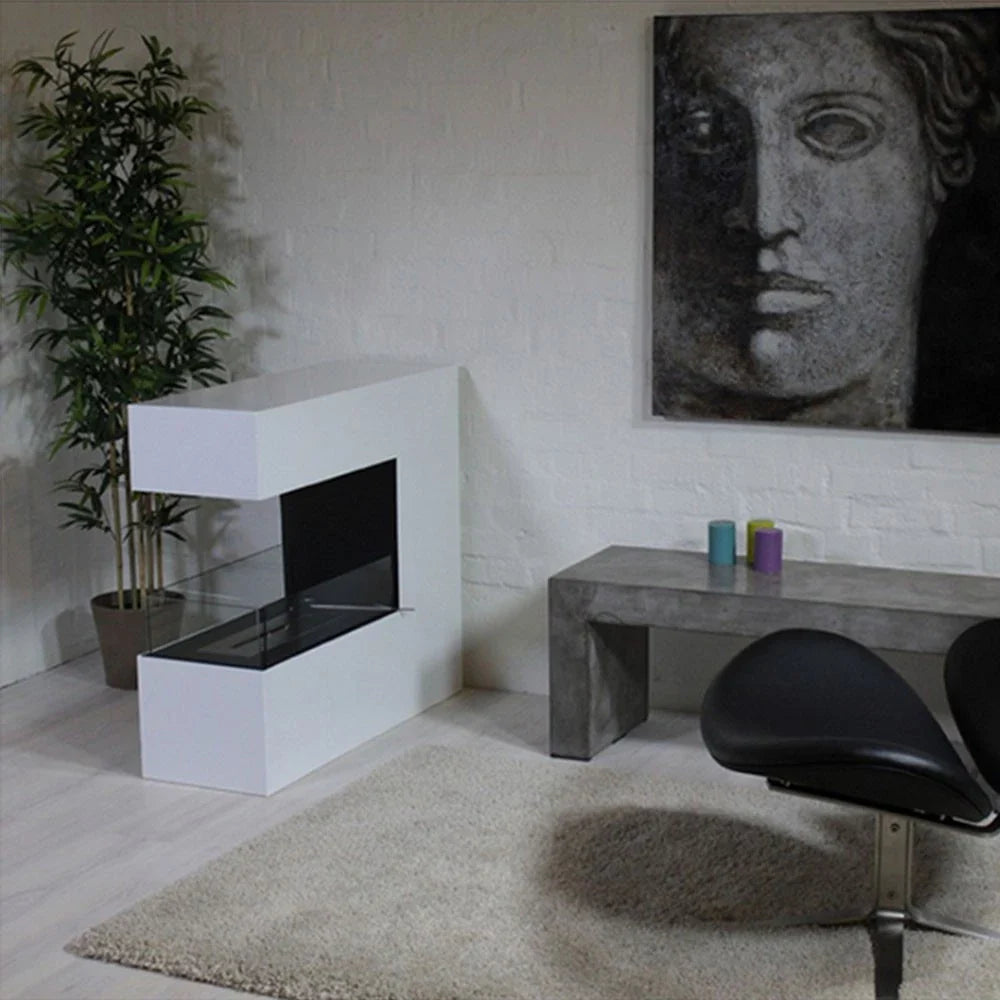 Șemineu pe Bioetanol Topeka Alb - Oțel Acoperit cu Pulbere, Flacără Elegantă pentru Acasă