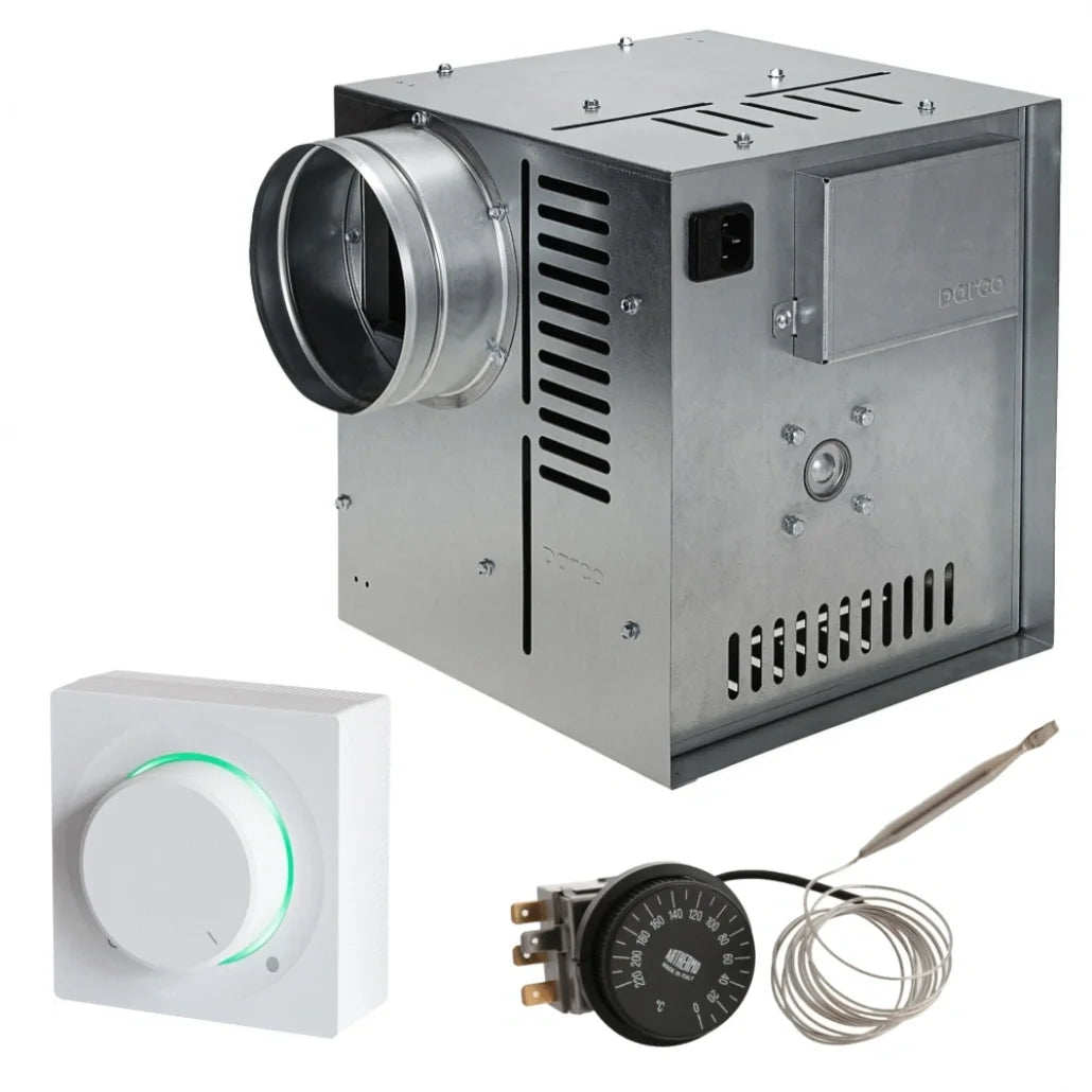 Set Ventilator Șemineu Profesional 990mc - GEN II + Regulator Electronic Alb Pătrat + Termostat