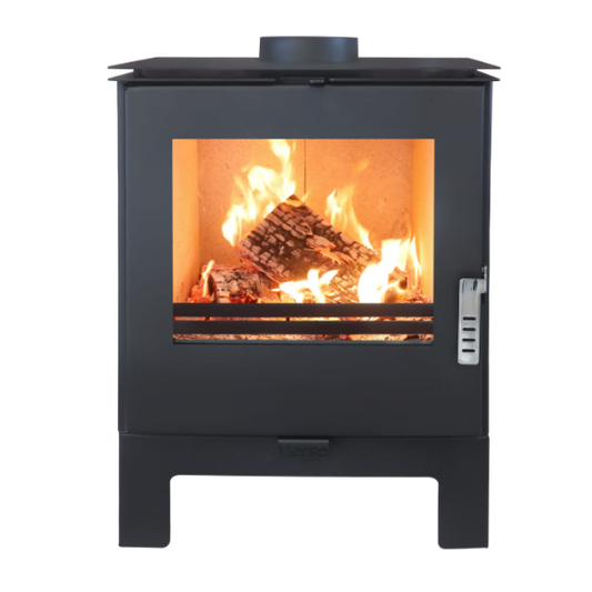 Șemineu pe lemne KARA L, 10 kW, din oțel, cu geam panoramic termorezistent, design modern, negru