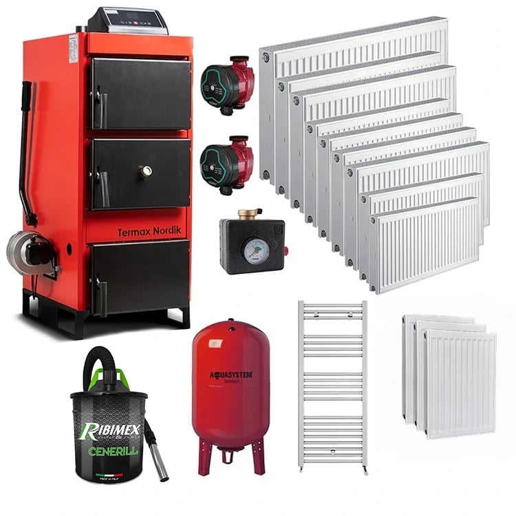 Pachet cazan pe lemn/carbune Termax Nordik 46 kW cu ventilator si automatizare, 13 Calorifere, Vas Expansiune, Grup Siguranta, Pompe Recirculare, Aspirator cenusa