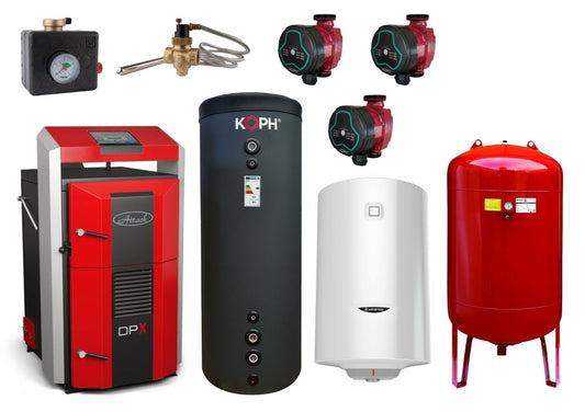 Pachet cazan pe lemne cu gazeificare ATTACK DPX, 35 kW, volum manta apa 110 litri, grosime camera ardere 6 mm, randament 91%, lungime maxima bustean 65 cm, cos evacuare Ø150 mm, Pompe recirculare, Puffer 750 litri fara serpentina, Boiler termoelectric 100