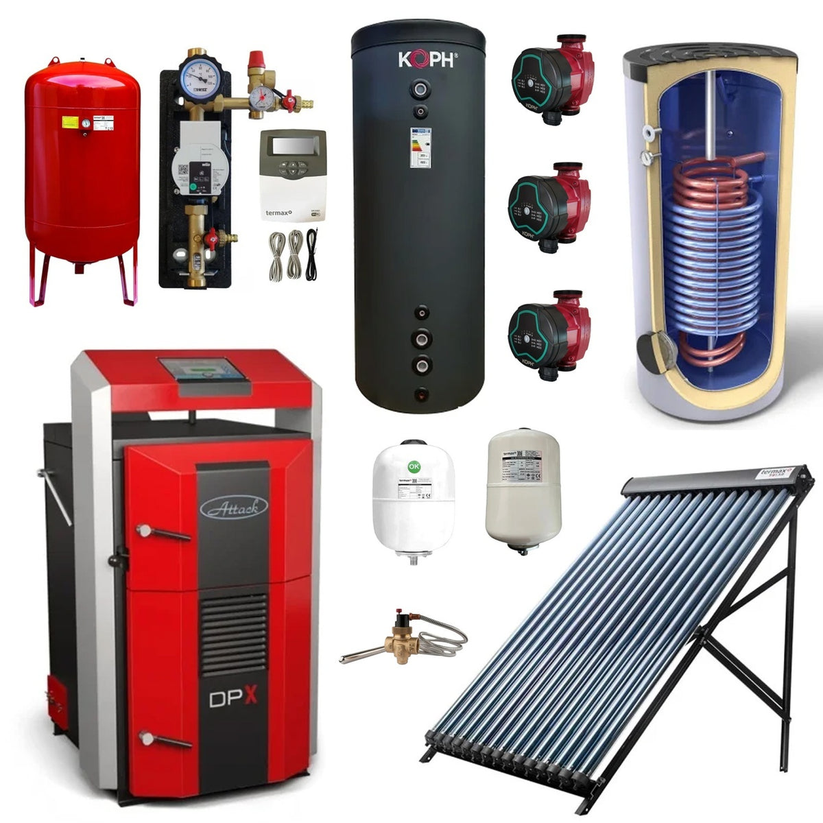 Pachet cazan pe lemne cu gazeificare ATTACK DPX, 35 kW, volum manta apa 110 litri, grosime camera ardere 6 mm, lungime maxima bustean 65 cm, cos evacuare Ø150 mm + Puffer 750 litri + Boiler Tesy 200 litri cu 2 serpentine + Colector solar Termax 25 tuburi