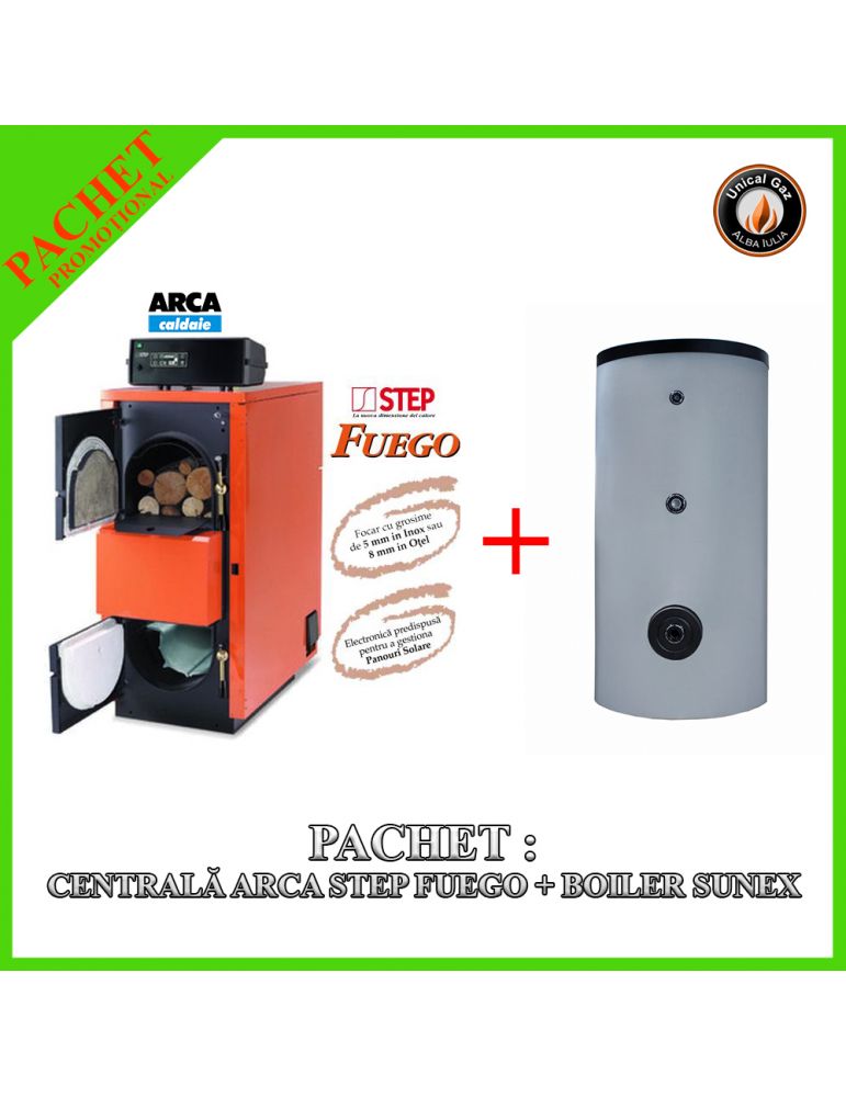 Pachet Complet: Centrală Termică Arca Step Fuego FU 45R Inox și Boiler Sunex FISH S2-300L
