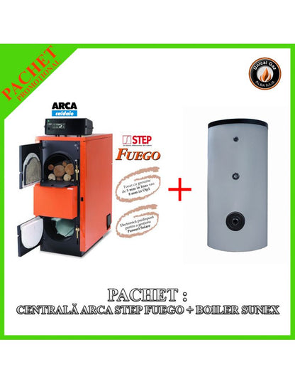 Pachet Complet: Centrală Termică Arca Step Fuego FU 45R Inox și Boiler Sunex FISH S2-300L