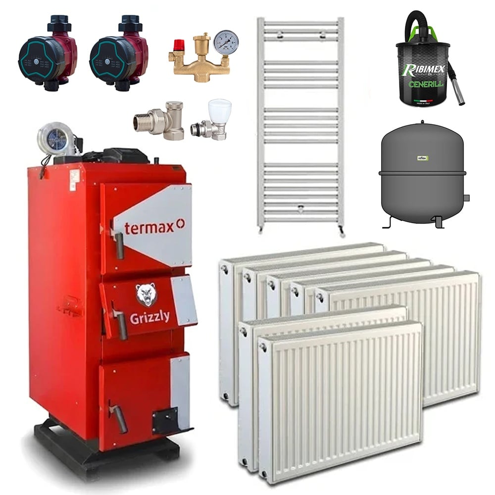 Pachet centrala/Cazan pe lemn/carbune Termax Grizzly 27 kW cu ventilator si automatizare, 180 m²