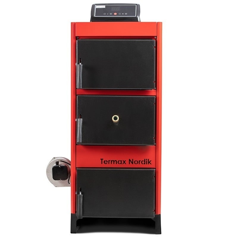 Pachet Centrală/Cazan pe lemn/cărbune Termax Nordik 29 kW cu ventilator și automatizare, Øcoș fum 130 mm, volum manta apă 70 litri, Boiler stativ 200 litri, Vas expansiune, Grup siguranță, Pompe recirculare, Puffer 1000 litri clasă energetică B
