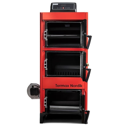 Pachet Centrală/Cazan pe lemn/cărbune Termax Nordik 29 kW cu ventilator și automatizare, Øcoș fum 130 mm, volum manta apă 70 litri, Boiler stativ 200 litri, Vas expansiune, Grup siguranță, Pompe recirculare, Puffer 1000 litri clasă energetică B