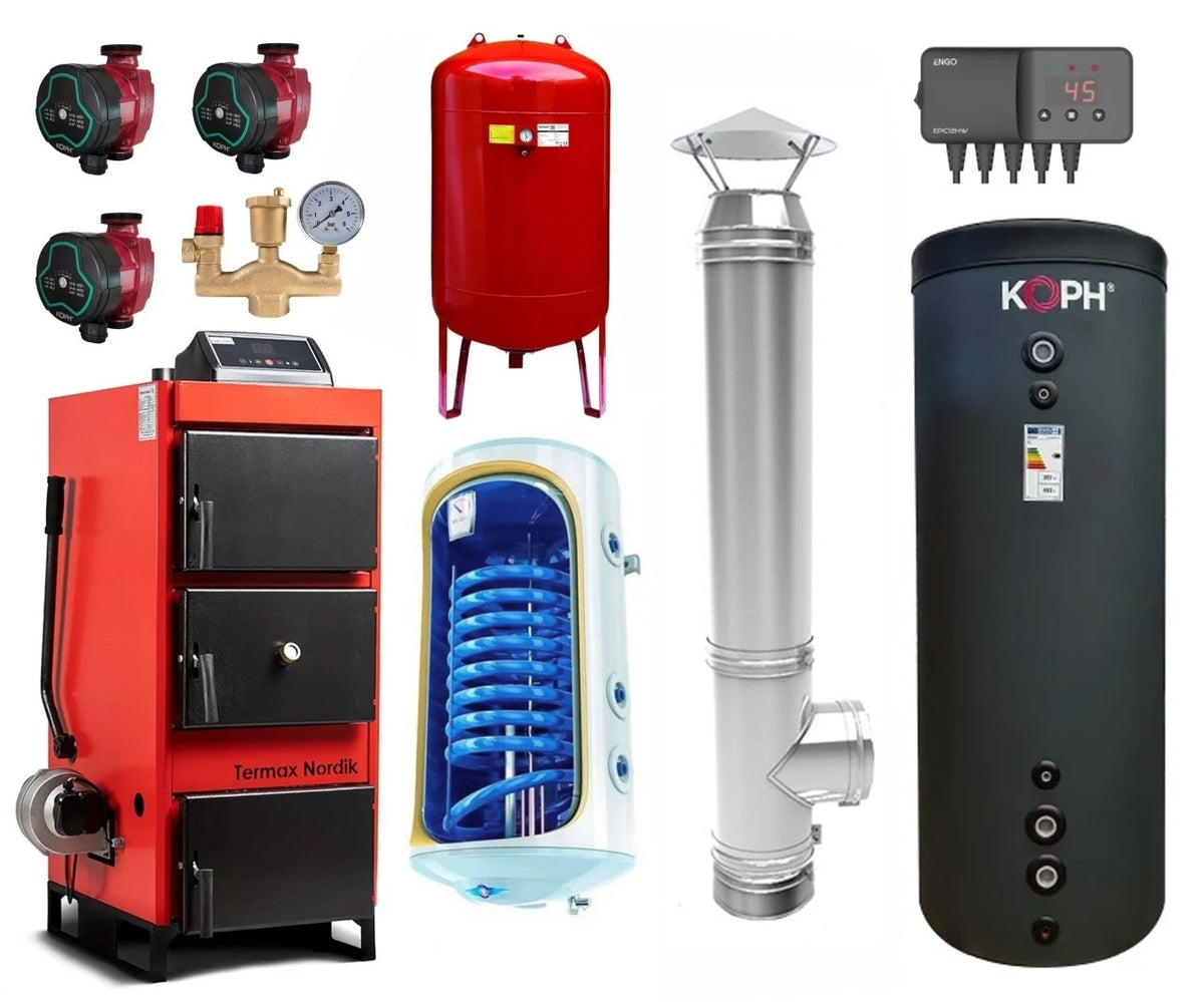Pachet Centrala/Cazan pe lemn/carbune Termax Nordik 29 kW cu ventilator si automatizare, Øcos fum 130 mm, volum manta apa 70 litri, Boiler termoelectric 150 litri, Vas expansiune, Grup siguranta, Pompe recirculare, Puffer 750 litri clasa energetica B