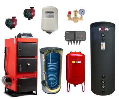 Pachet Centrala/Cazan pe lemn/carbune Termax Nordik 46 kW cu ventilator si automatizare, diametru cos 160 mm, volum manta apa 100 litri, Boiler stativ 200 litri, Vas expansiune, Grup siguranta, Pompe recirculare, Puffer 1000 litri, clasa energetica B