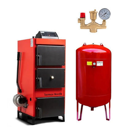 Pachet centrală/Cazan pe lemn/cărbune Termax Nordik 93 kW, cu ventilator și automatizare, Ø coș fum 220 mm, volum manta apă 200 litri, 3 bar, Grup Siguranță, Vas Expansiune
