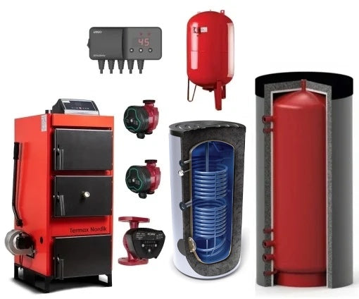 Pachet Centrală/Cazan pe lemn/cărbune Termax Nordik 93 kW, cu ventilator și automatizare, Øcoș fum 220 mm, volum manta apă 200 litri, Boiler stativ 800 litri, Vas expansiune, Pompe recirculare, Puffer 2000 litri, Controler pompă
