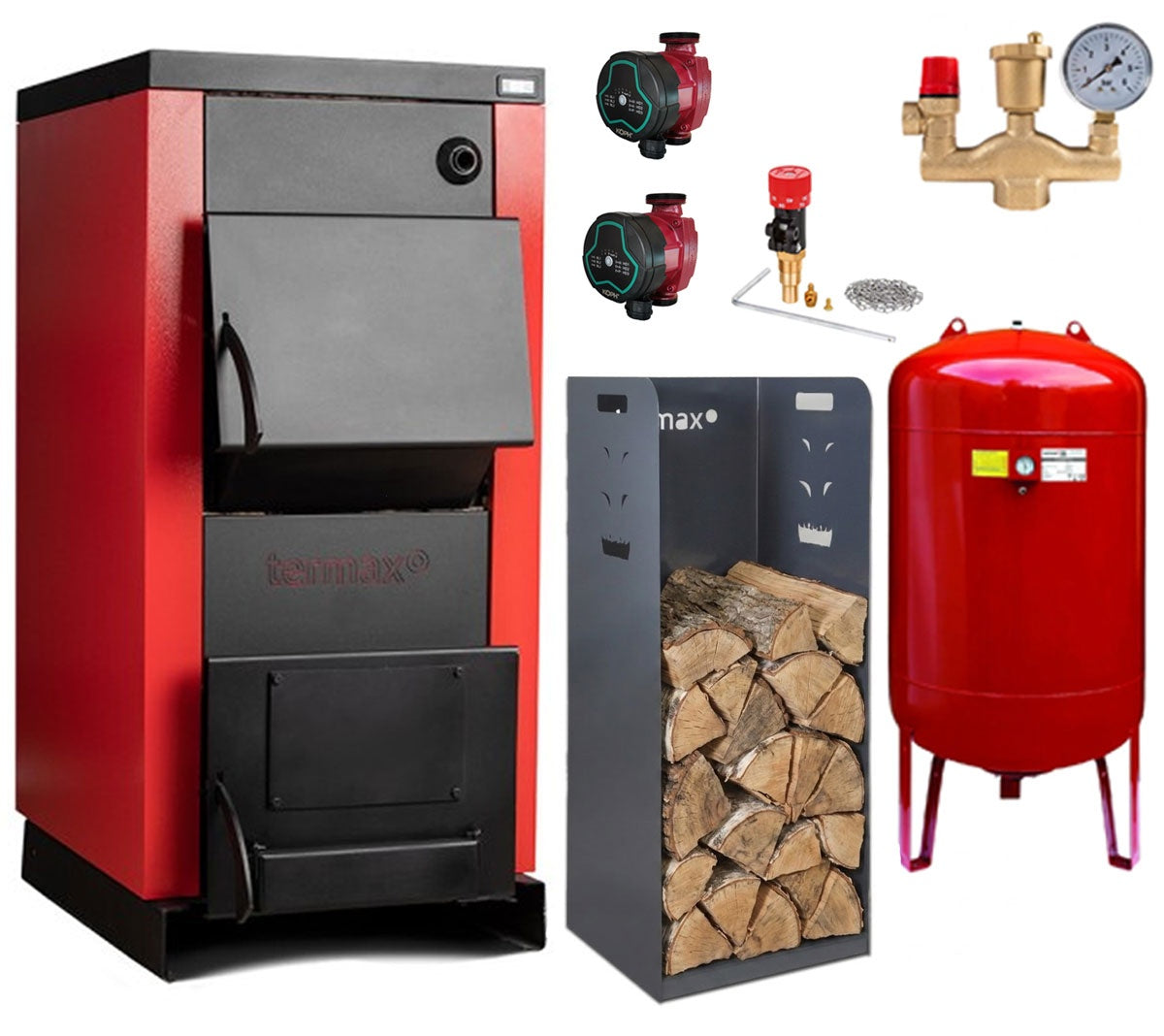 Pachet Centrală/Cazan pe lemn Termax 25 kW, cu ardere standard, volum manta apă 75 litri, grup siguranță, pompă recirculare, regulator de tiraj, vas expansiune, cutie depozitare lemn