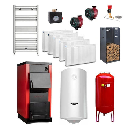 Pachet Centrală/Cazan pe lemn Termax 25 kW, cu ardere standard, volum manta apă 75 litri, grup siguranță, pompă recirculare, regulator de tiraj, vas expansiune, boiler, radiatoare