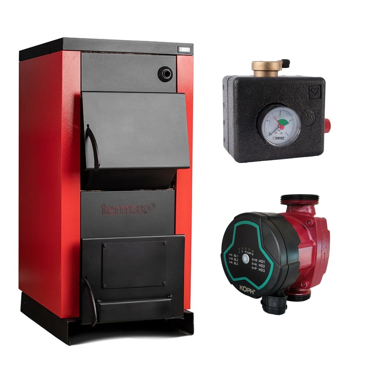 Pachet Centrală/Cazan pe lemn Termax 35 kW, cu ardere standard, volum manta apă 105 litri, Grup Siguranță, Pompă Recirculare
