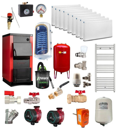 Pachet Centrală/Cazan pe lemne Termax 40 kW, cu ardere standard, volum manta apă 120 litri, Calorifere, Boiler termoelectric, Pompe recirculare, Vas expansiune